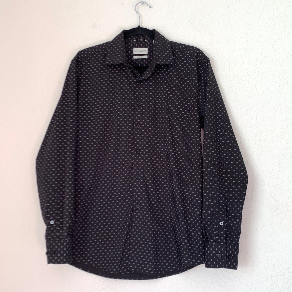 Lucky Brand Button Down Mens M Black White Fleur De Lis Slim Fit Stretch Western